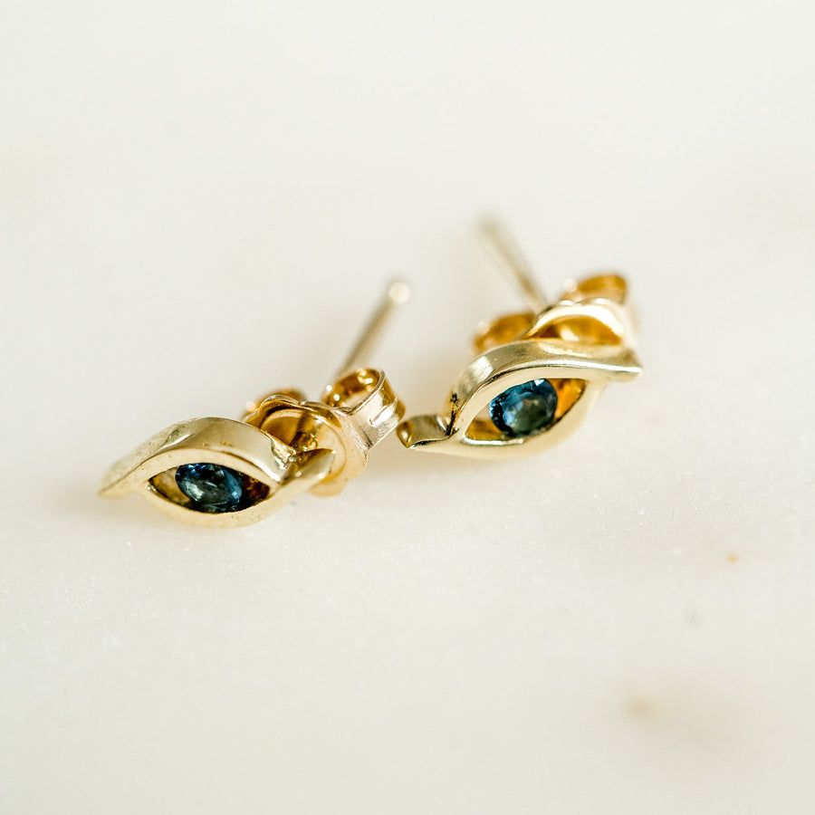 Evil Eye Blue Topaz Gold Stud Earrings