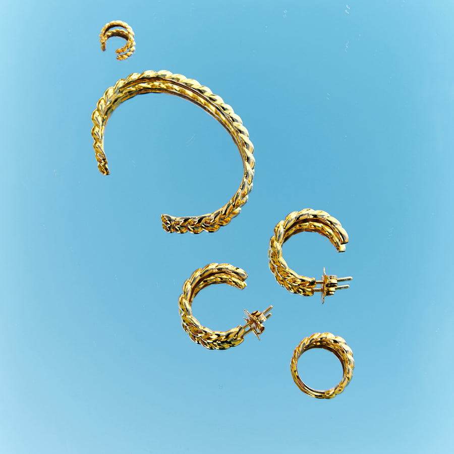 croissant rope style cuff bangle, hoop earrings and ring in gold vermeil plated silver
